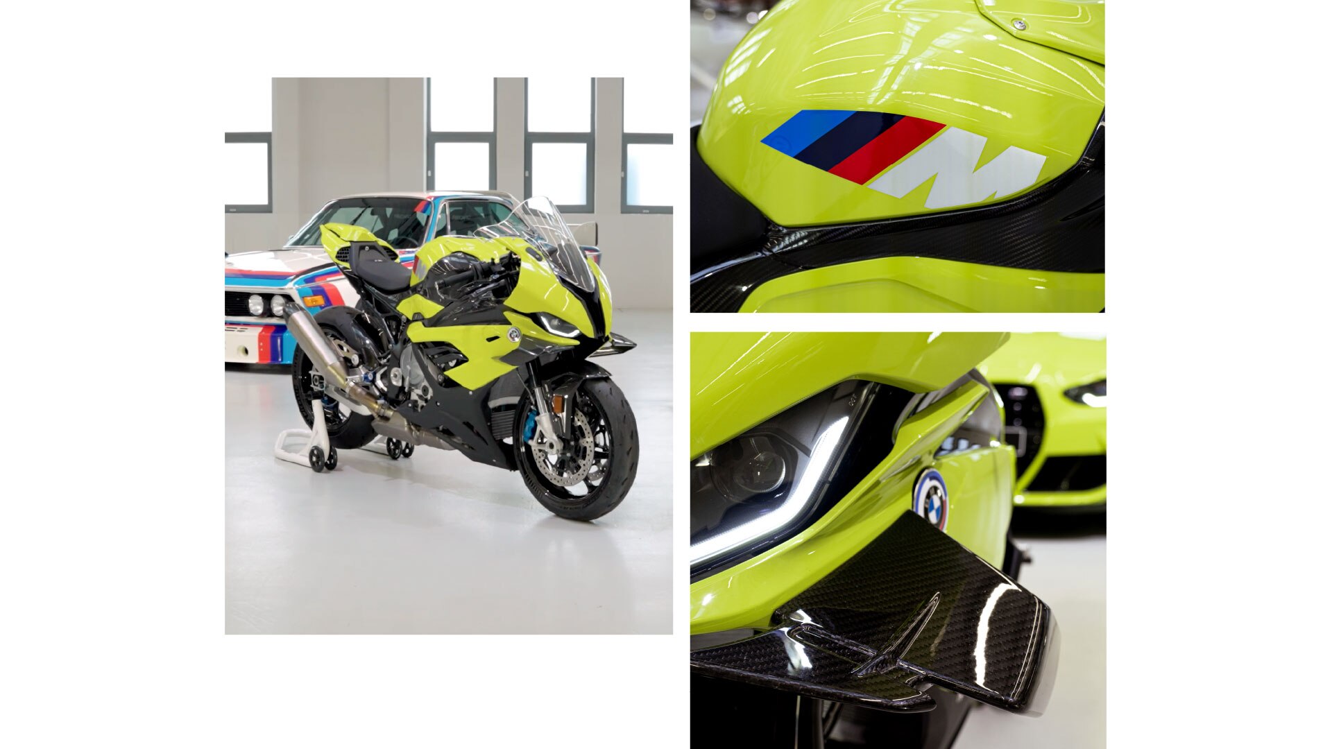 De M RR 50 Years M van voren gezien. Duidelijk herkenbaar: de winglets. Het BMW M logo met de drie iconische kleuren blauw, donkerblauw en rood, die dynamisch schuin tegen de witte M aan leunen