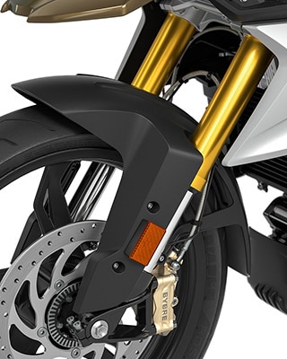 We see the gold anodised upside-down fork of the G 310 GS.
