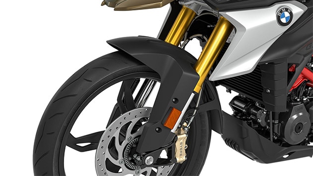We see the gold anodised upside-down fork of the G 310 GS.