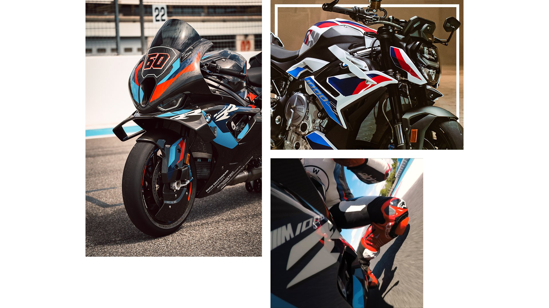 Collage van rijopnames van de M 1000 RR en M 1000 R.