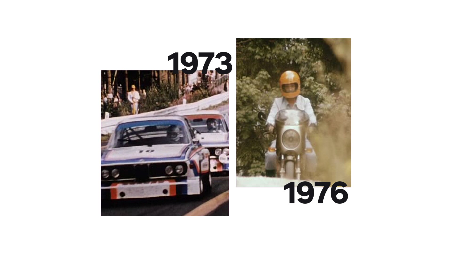 Links een historische opname van de BMW 3.0 CSL, rechts de BMW R 90 S van Helmut Dähne.