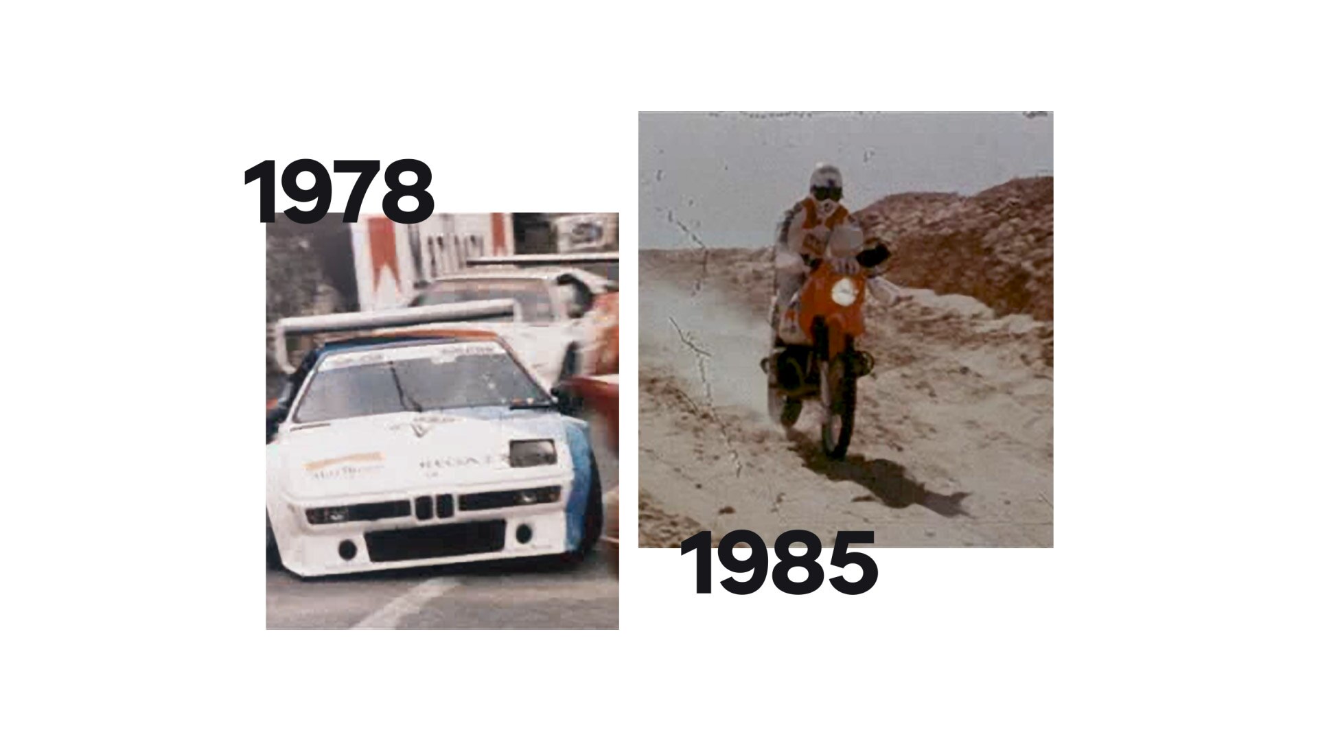 Links een historische opname van de BMW M1, rechts de legendarische machine uit de rally Paris Dakar.