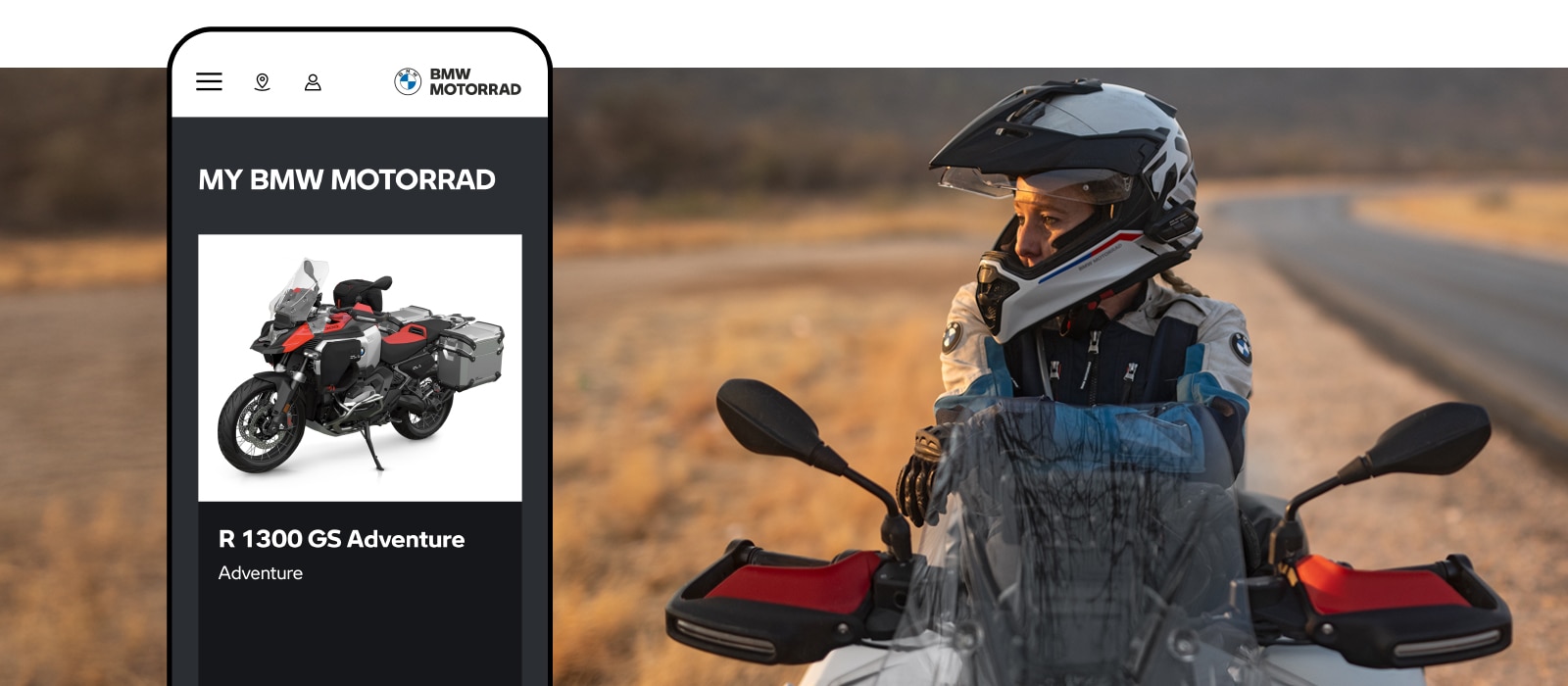 Une pilote sur une moto BMW. A gauche, une simulation d’écran de BMW Motorrad CarData sur téléphone mobile