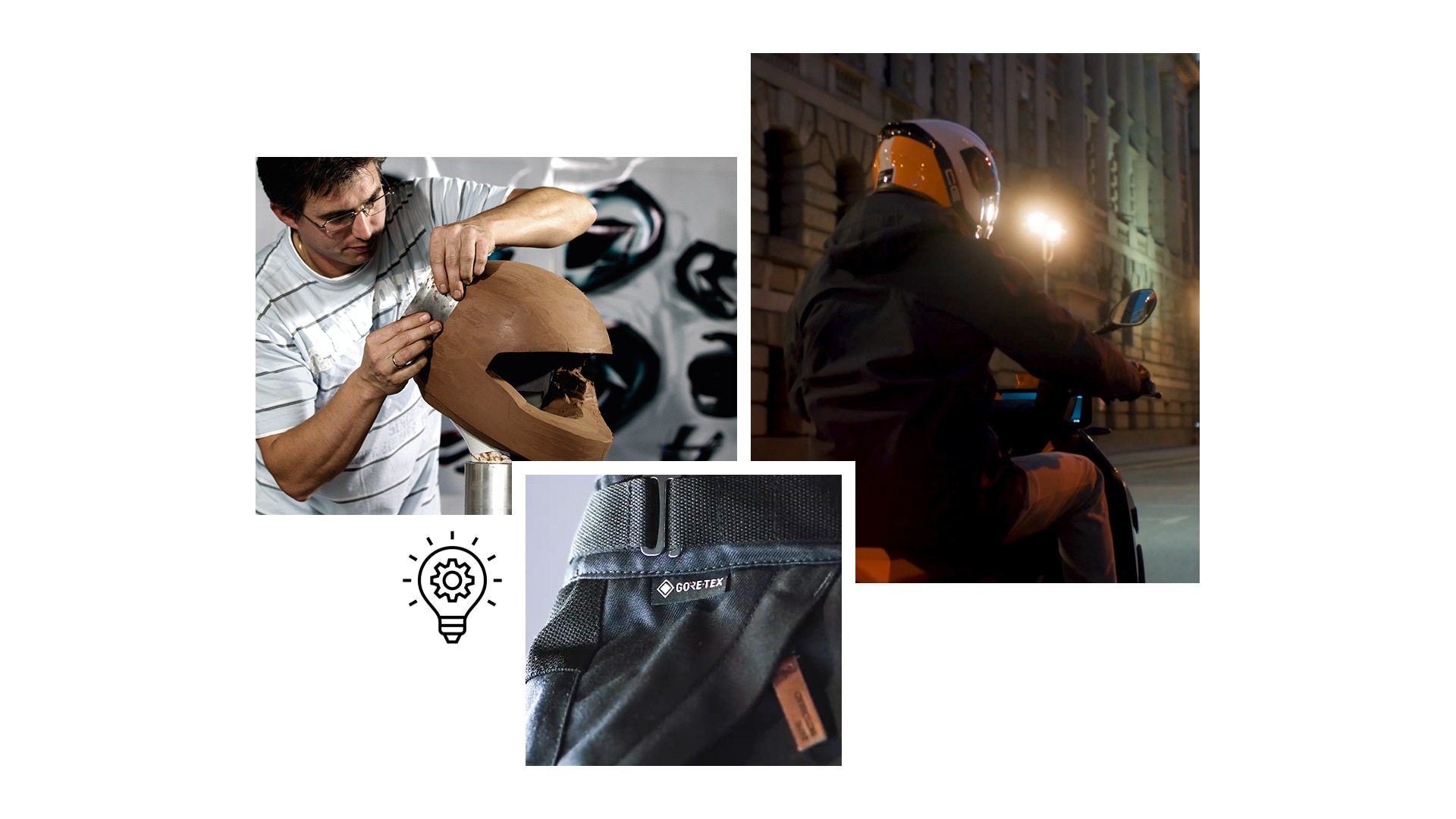 Collage met innovaties van BMW Motorrad, zoals het jack Tokyo Connect GTX